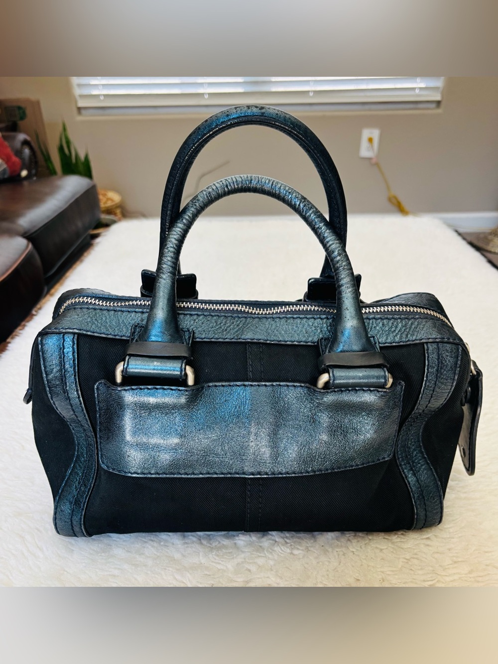Chloe Metallic Blue Leather Black Canvas Handbag/Duffle Bag 12”x8”x7” - Picture 5 of 16